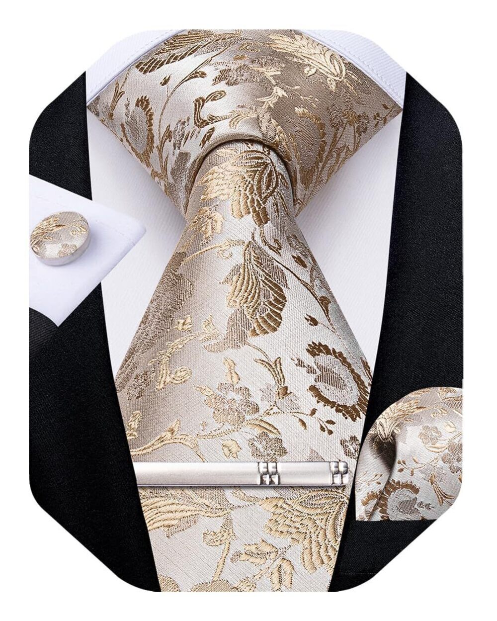 4666 Silk Floral Ties Woven Paisley Necktie and Tie Clip Handkerchief